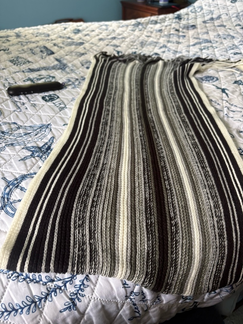 Striped Knit Tube Top in Black, Cream & Gray two scarves